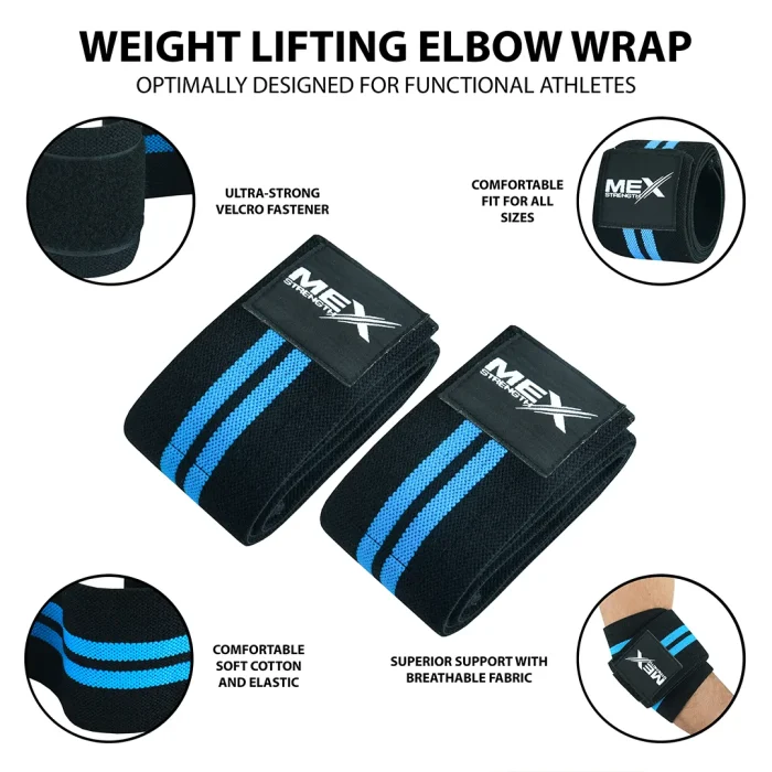 Infographics of weightlifting elbow wraps in calming sky blue