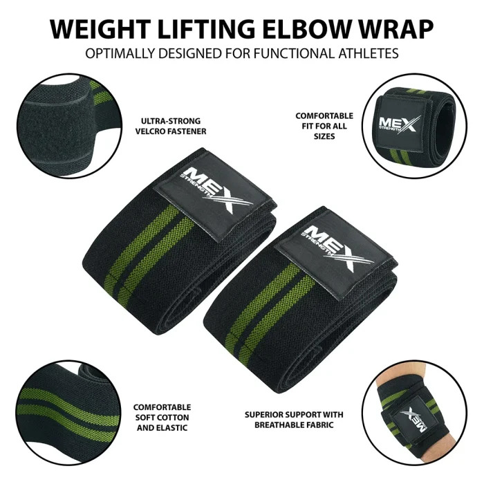 Infographics of green performance elbow wraps for weightlifting