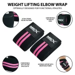 Infographics of pink performance elbow wraps for weightlifting