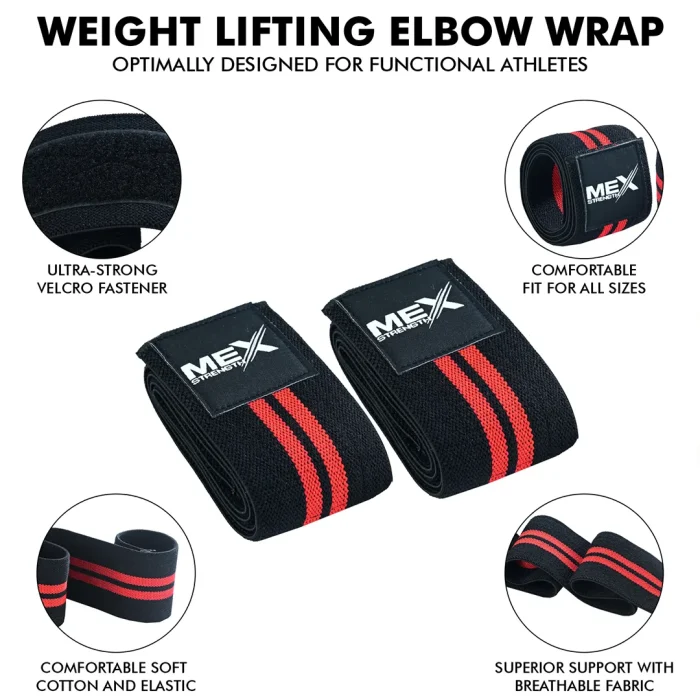 Infographics of red performance elbow wraps for weightlifting