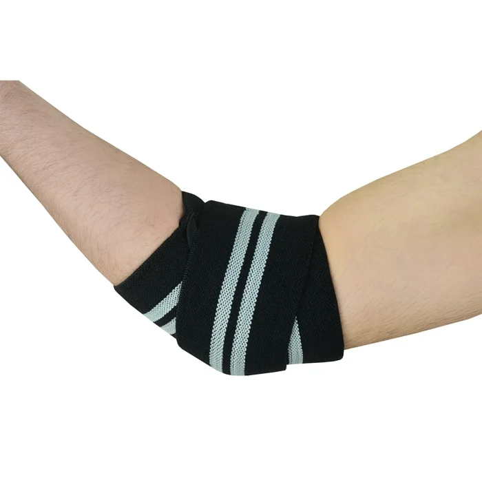 Grey compression wraps for weightlifting elbows