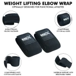 Infographics of black support wraps for weightlifting elbows