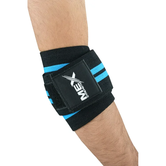 Sky blue support wraps for weightlifting elbows