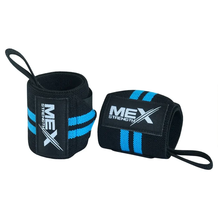 Mex Strength sky blue support wraps for weightlifting wrists