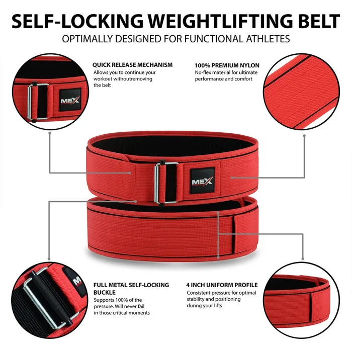 infographics of weightlifting belt in red nylon with quick release mechanism
