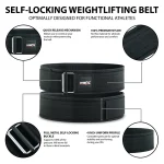 infographics of black nylon weightlifting belt with quick release feature