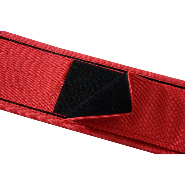detailed view of red quick release belt for weightlifting support