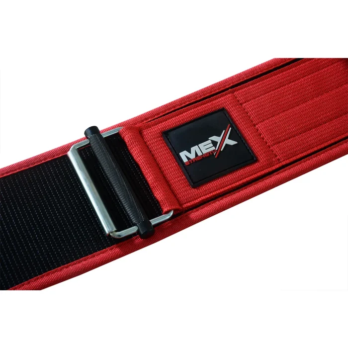 Red nylon weightlifting belt with quick release feature