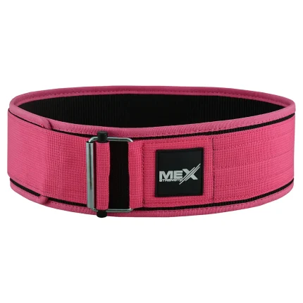 Mex Strength pink nylon weightlifting belt with quick release feature
