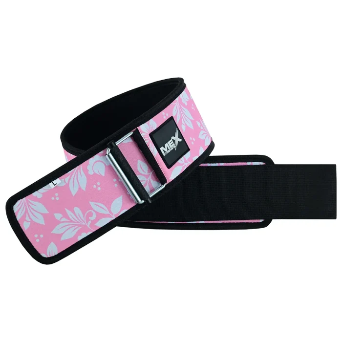 Pink weightlifting belt made of neoprene material, 4 inch width with self-locking mechanism