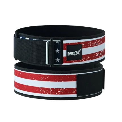 Mex Strength Neoprene weightlifting belt with USA flag print, 4 inch width with convenient self-locking feature