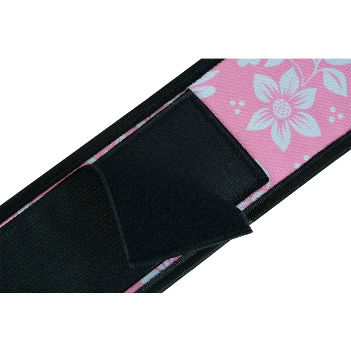 detailed view of weightlifting belt in pink color, 4 inch width and self-locking neoprene material