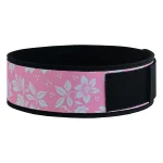 Pink neoprene weightlifting belt with 4 inch width and self-locking mechanism